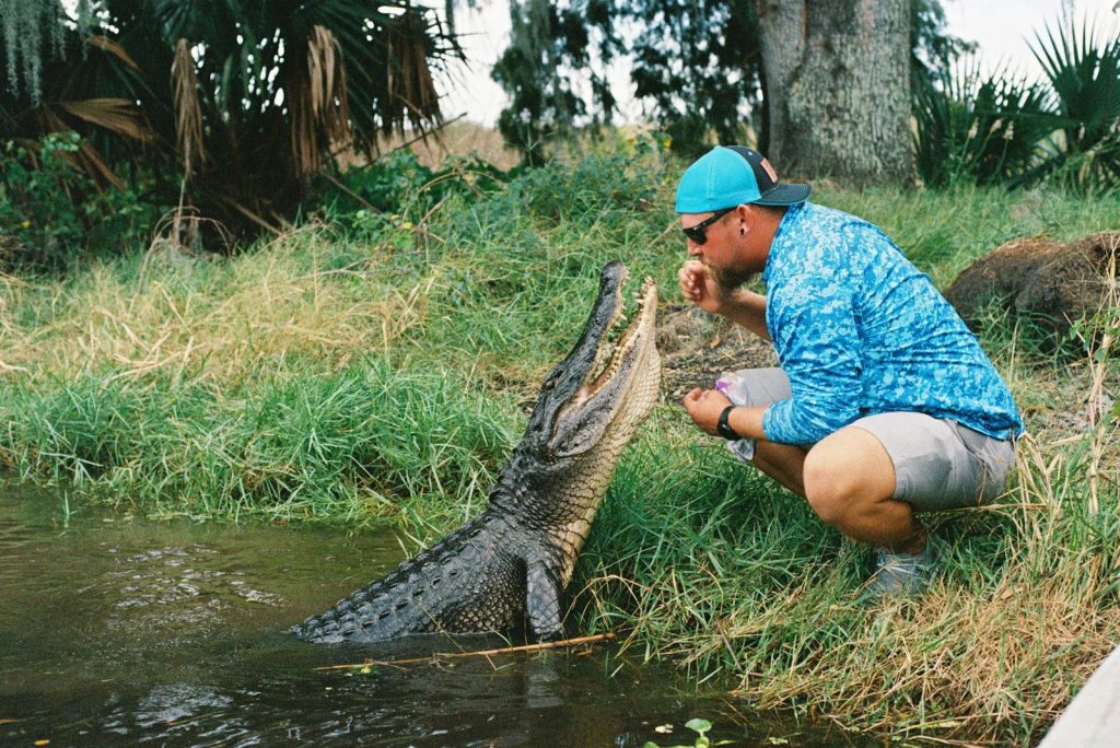 Man feeding an alligator by the water