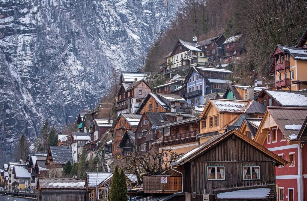 mountains, village, winter, austria, landscape, houses, nature, town, townscape, rural, residential area