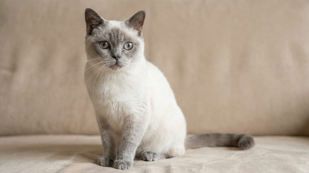 A white and gray cat sits on a beige couch.