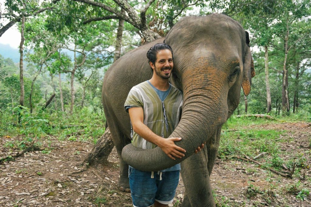 A man standing next to an elephant in a forest
