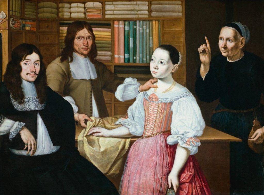 a painting of a group of people in a library