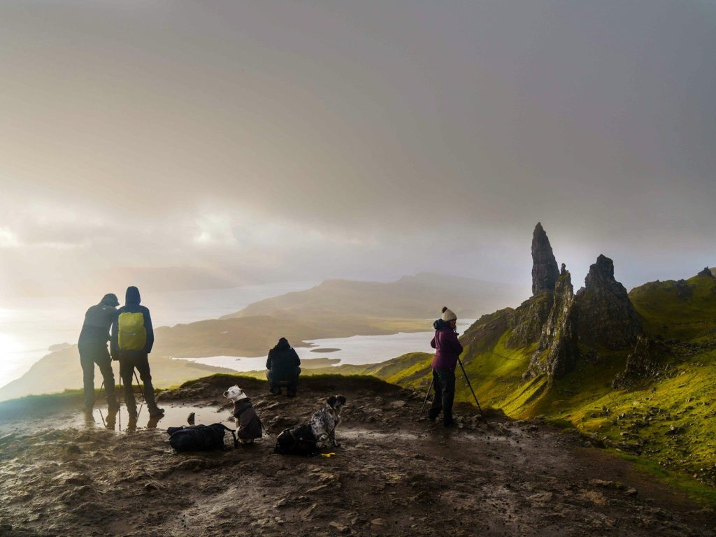 A group of people standing on top of a lush green hillside