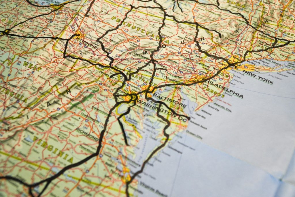 A close up of a map of a city