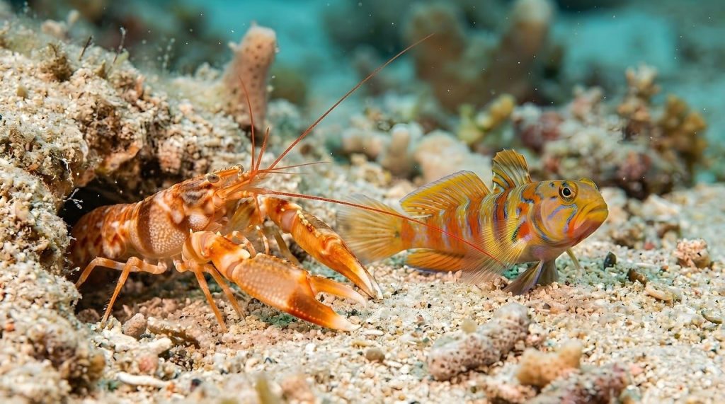 shrimp, goby, marine, ocean, nature, underwater, symbiosis, aquarium, refuge, coral reef, sandy, colorful, endangered, ecosystem, wildlife, dunes, friend, cooperation, community, biological, behaviour