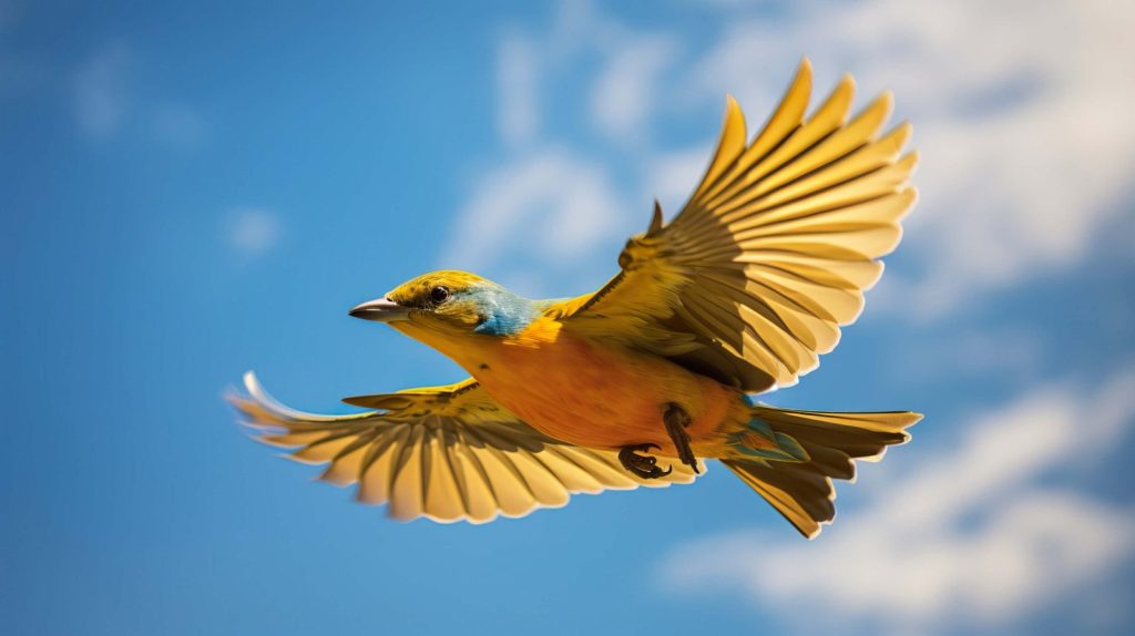 A bird flying through the air with its wings spread
