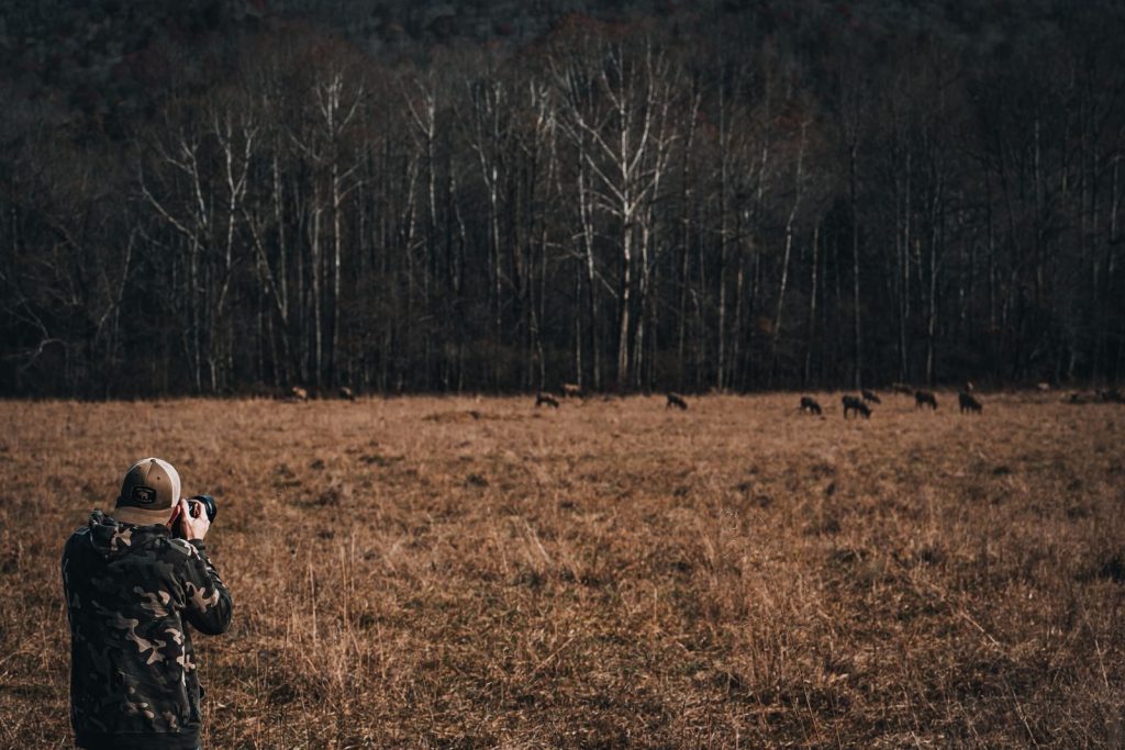 A photographer in camouflage captures animals in a grassland setting.