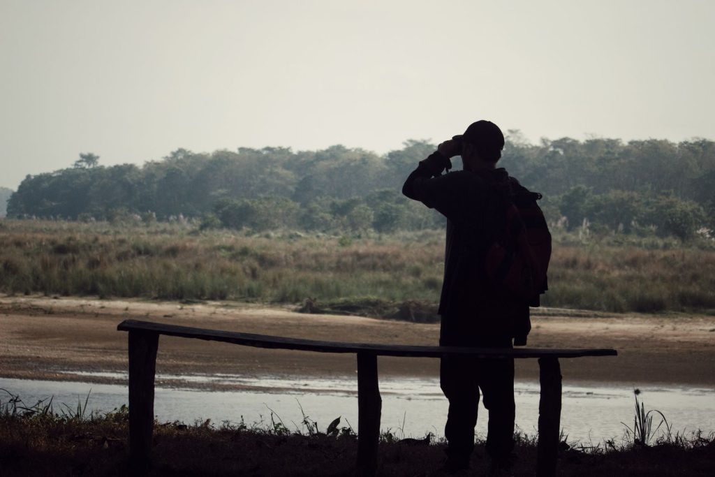 A man with a backpack observes a marsh landscape using binoculars, standing near water.