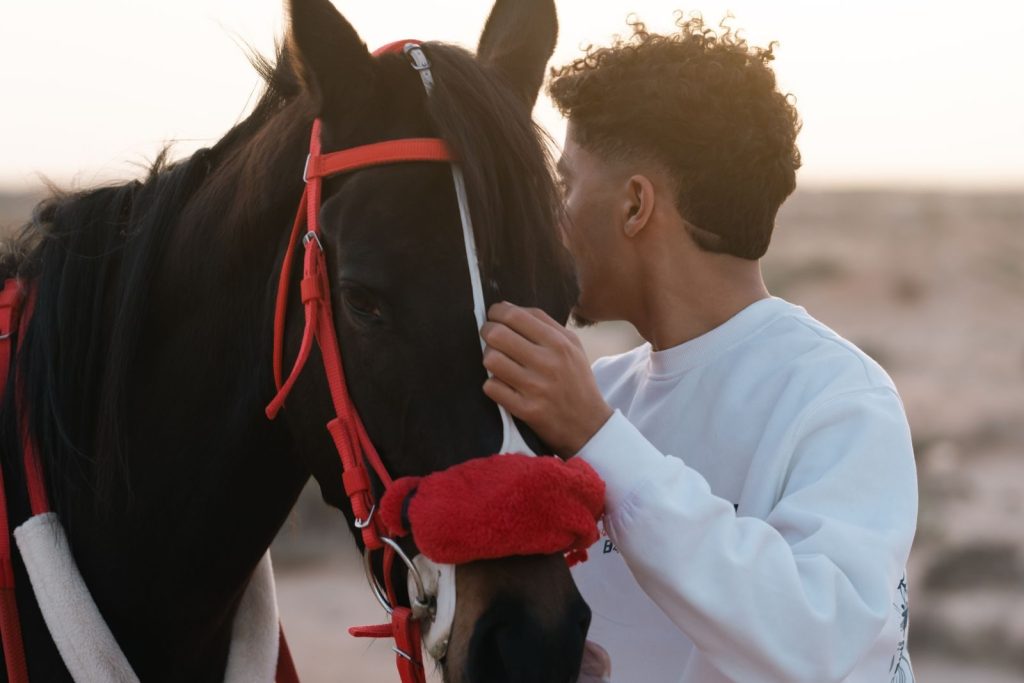 A man gently caressing a black Arabian horse in Al-Hammah, Tunisia at sunset.