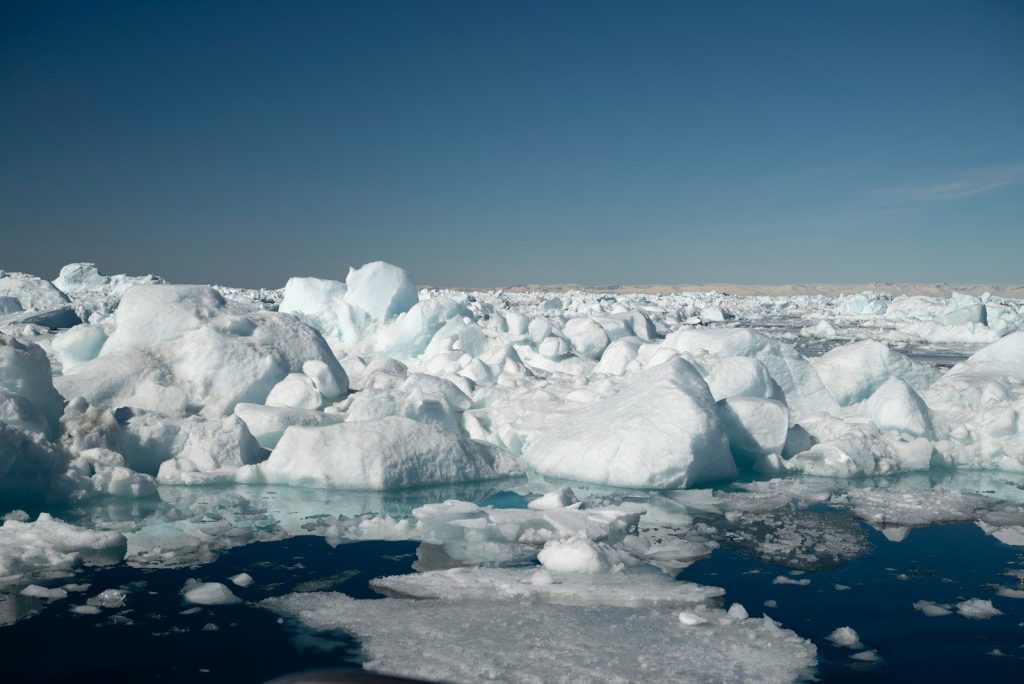Icebergs floating in the ocean under a clear blue sky