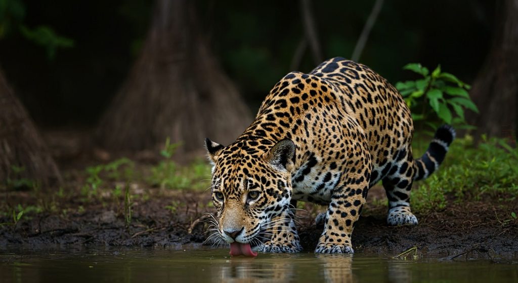 A large leopard drinking water from a pond
